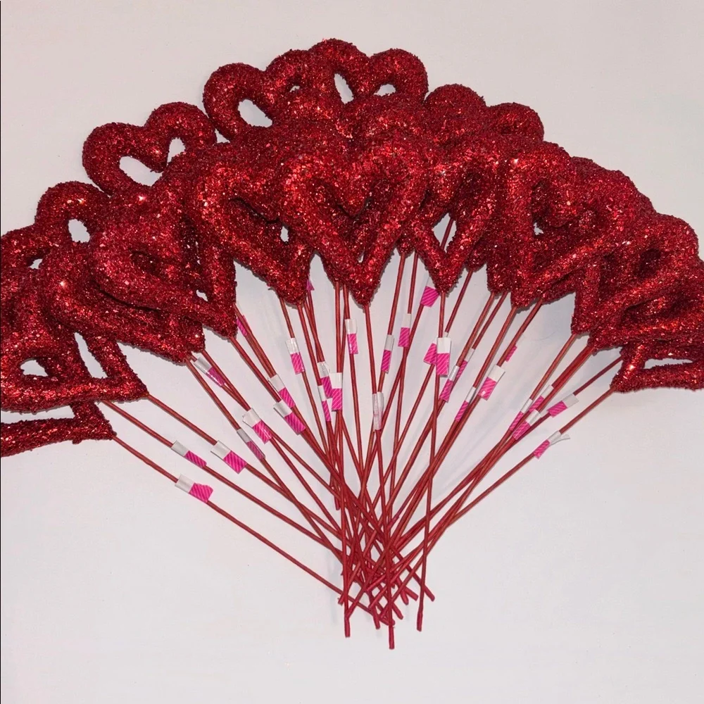 Red Heart Pics Red Glitter Floral Picks Set of 32 NWT Glitter Hearts Pics